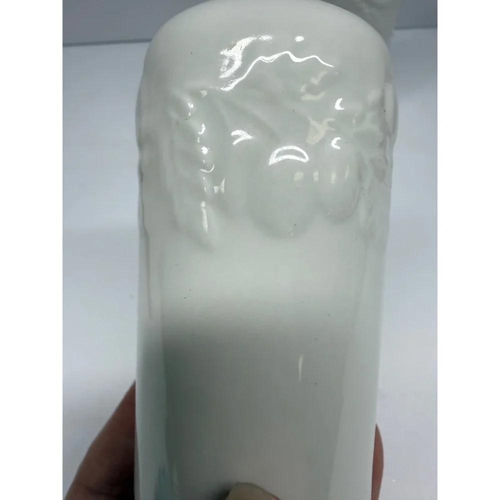 Vintage White Ceramic Salt and Pepper Shakers Embossed Fruit Leaf Design Set